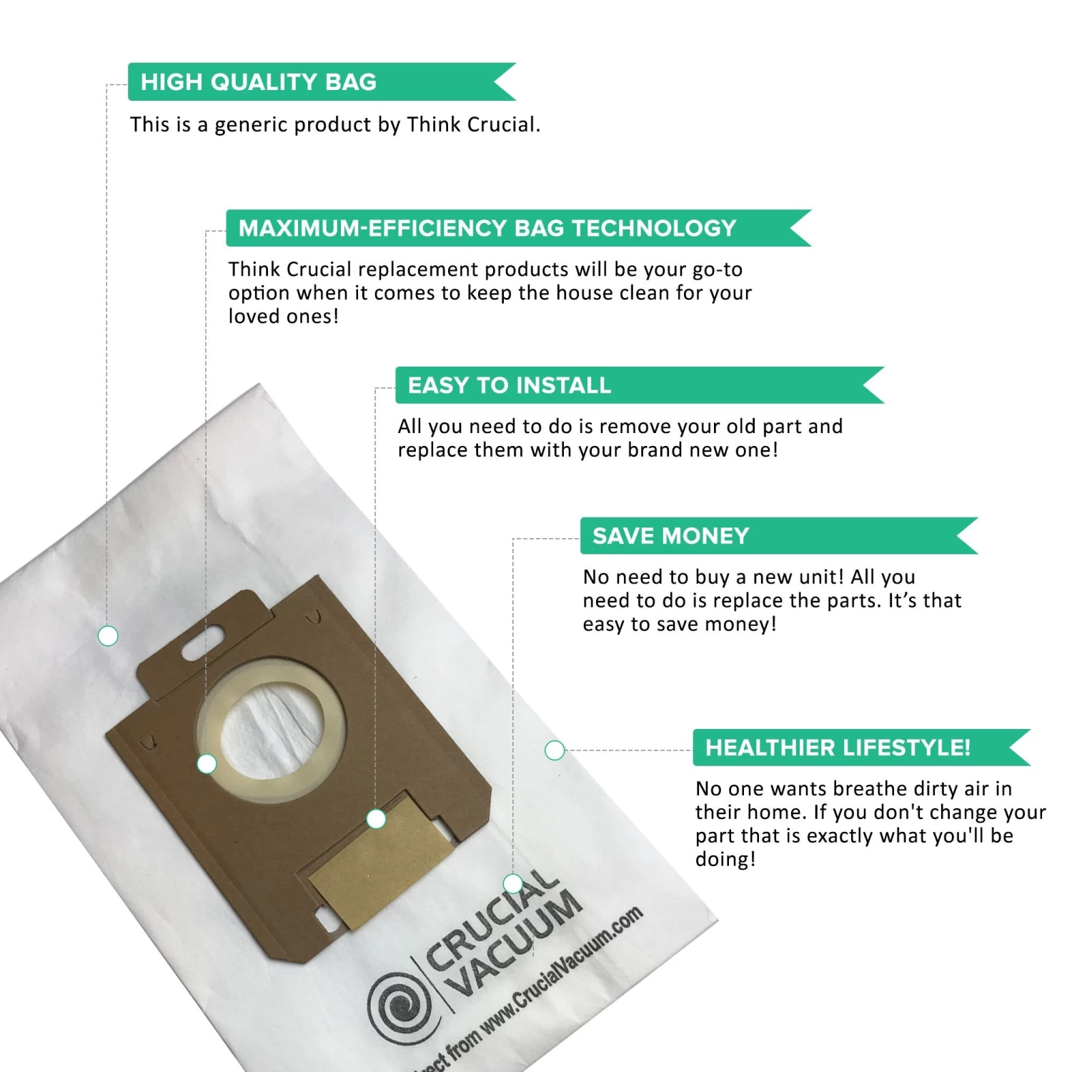 8pk Replacement Paper Bags, Fits Eureka Style OX & Electrolux Style S, Compatible With Part 61230 5 8pk Replacement Paper Bags, Fits Eureka Style OX & Electrolux Style S, Compatible With Part 61230 - Image 3